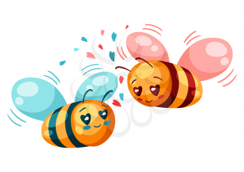 Cute couple of bees in love. Valentine Day greeting card. Illustration of kawaii characters with eyes hearts.
