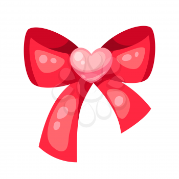 Valentines Day red shiny bow with heart. Illustrations in cartoon style.