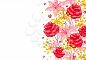 Valentine Day greeting card. Background with romantic flowers and hearts. Beautiful decorative plants.