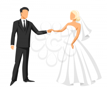 Wedding illustration of bride and groom. Married cute couple.