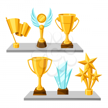 Awards and trophy on shelves. Reward illustration for sports or corporate competitions.