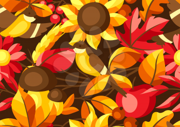 Autumn seamless pattern with seasonal leaves and items. Background of foliage and flowers.