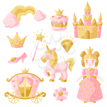 Princess party items set. Fairy kingdom and magic world illustration. Decoration for children celebration.
