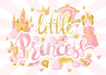 Princess party items background. Fairy kingdom and magic world illustration. Decoration for children celebration.
