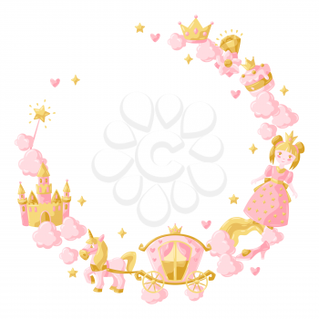 Princess party items frame. Fairy kingdom and magic world illustration. Decoration for children celebration.