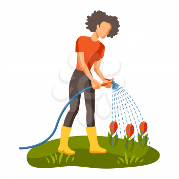 Illustration of young girl watering flowers. Season gardening image.