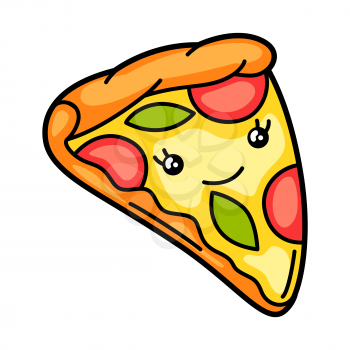 Kawaii illustration of pizza. Cute funny character for fast food.