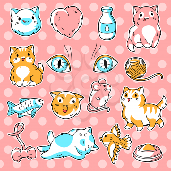 Set of cute kawaii cats. Fun animal collection. Cartoon stylized items.