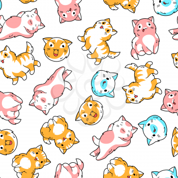 Seamless pattern with cute kawaii cats. Fun animal background. Cartoon stylized characters.