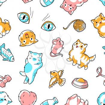 Seamless pattern with cute kawaii cats. Fun animal background. Cartoon stylized items.