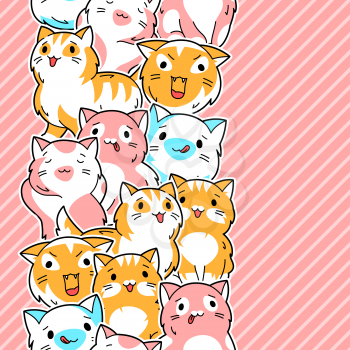 Seamless pattern with cute kawaii cats. Fun animal background. Cartoon stylized characters.
