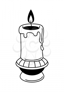 Magic antique candle on candlestick. Mystic, alchemy, spirituality, tattoo art. Isolated vector illustration. Black and white simbol.