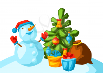 Merry Christmas illustration with snowman and tree. Holiday invitation or greeting card in cartoon style. Happy celebration.