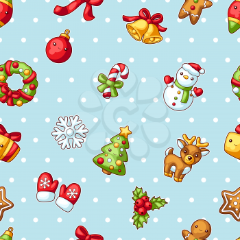 Sweet Merry Christmas seamless pattern. Cute characters and symbols. Holiday background in cartoon style. Happy lovely celebration.