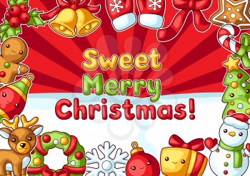 Sweet Merry Christmas greeting card. Cute characters and symbols. Holiday background in cartoon style. Happy lovely celebration.