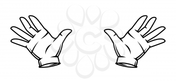 Magician hands in white gloves. Trick or magic illustration. Black and white stylized picture.