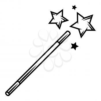 Magician wand with star. Trick or magic illustration. Black and white stylized picture.