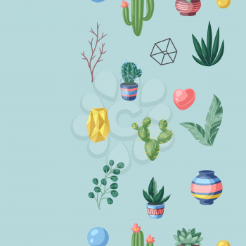 Seamless pattern with cactuses and succulents. Decorative spiky flowering cacti and plants in flowerpots. Home craft decoration.