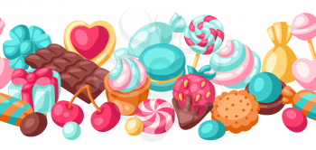 Seamless pattern colorful various candies and sweets. Confectionery or bakery stylized illustration.