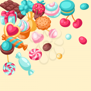 Background with colorful various candies and sweets. Confectionery or bakery stylized illustration.