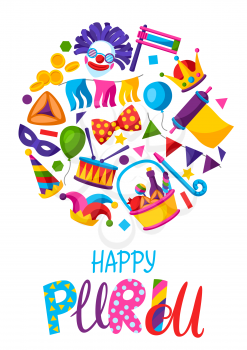 Happy Purim Jewish holiday greeting card. Background with traditional carnival funfair symbols.