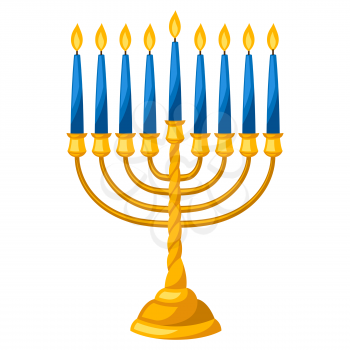 Happy Hanukkah illustration of menorah with candles. Holiday icon in cartoon style.