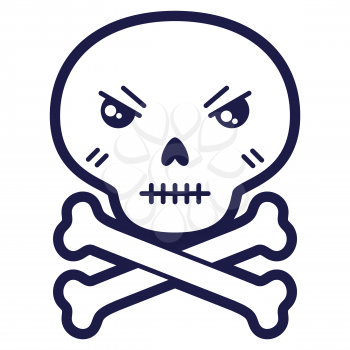 Illustration of skull with bones in cartoon style. Happy Halloween angry character. Symbol of holiday in comic style.