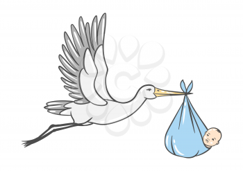 Illustration of stork carries newborn baby boy. Happy Birthday image. Holiday baby shower celebration simbol.