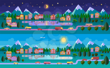 Flat landscape illustration. Night and day versions. Road, town, lake and mountains. Vector website header image or horizontal web banner.