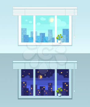 Window, city view.  Night and day versions. Flat style vector illustration.