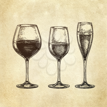 Set of wineglasses. Red wine, white wine and champagne. Hand drawn vector illustration on old paper background. Retro style.
