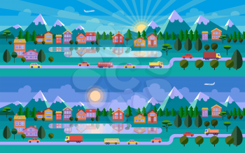 Flat landscape illustration. Morning and evening versions. Road, town, lake and mountains. Vector website header image or horizontal web banner.