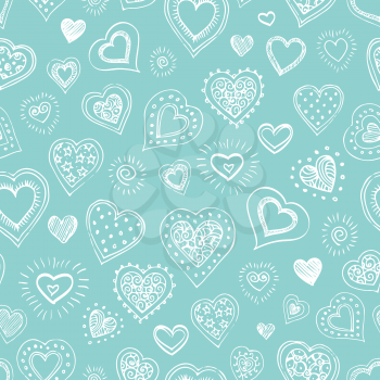 Seamless pattern with hand drawn hearts on blue background.