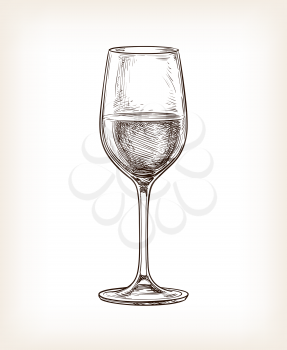 White wine. Hand drawn vector illustration of wineglass. Retro style.
