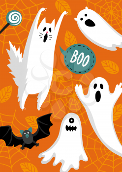 Halloween design. Invitation or greeting card. Banner template. Flat style vector illustration. Cute ghosts characters. Spooky cat.