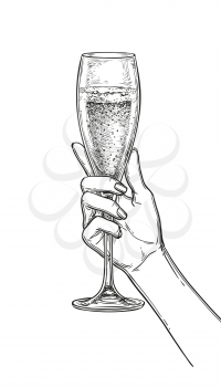Hand holding a glass of champagne. Ink sketch isolated on white background. Hand drawn vector illustration. Retro style.