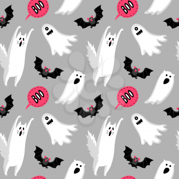 Halloween seamless pattern with ghosts, bat and text boo.