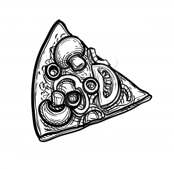Sliced vegetarian pizza topped with mushrooms, olives and pepper. Ink sketch isolated on white background. Hand drawn vector illustration. Retro style.