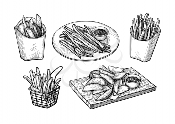 Potato wedges and French fries. Ink sketch isolated on white background. Hand drawn vector illustration. Retro style.