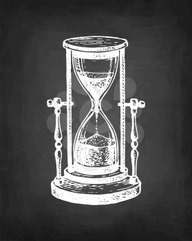 Vintage hourglass. Antique timer. Chalk sketch on blackboard. Hand drawn vector illustration. Retro style.