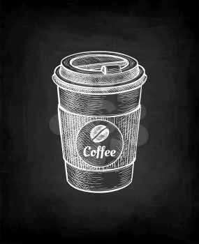 Coffee to go. Paper cup with label. Chalk sketch on blackboard background. Hand drawn vector illustration. Retro style.