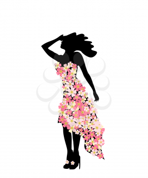 The figure of girl model in slinky dress floral festive fashion. Girl and festival of flowers.