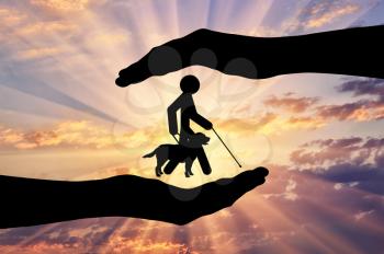 Icon disabled blind with cane and guide-dog in hand. Concept protection of people with disabilities