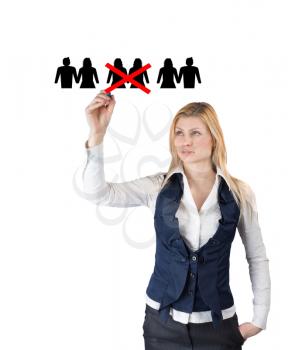 Discrimination against lesbian rights. A woman crosses out icons of lesbian couple