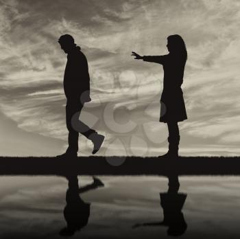 Concept of deceit and betrayal. Silhouette man leaves from the woman to his mistress and reflection