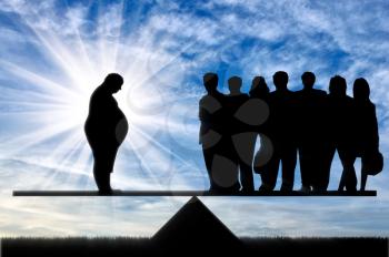 Fat man and crowd standing on scales day. Obesity concept