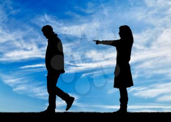 Concept of deceit and betrayal. Silhouette woman breaks the relationship with a man for treason against the sky