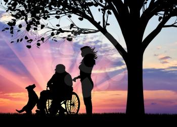 Silhouette of nurse caring for a disabled person in a wheelchair next to dog under tree. Concept of caring for a disabled person and house of aged