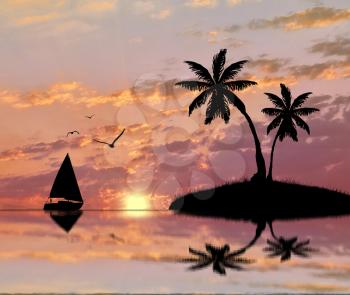 Silhouette of a tropical island with palm trees and a sailboat in the sea at sunset. The concept of tourism and Journey