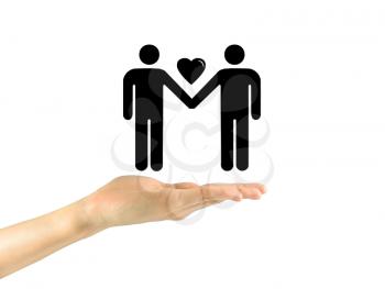 Icons of two gay men with a heart on the hand isolated on white background